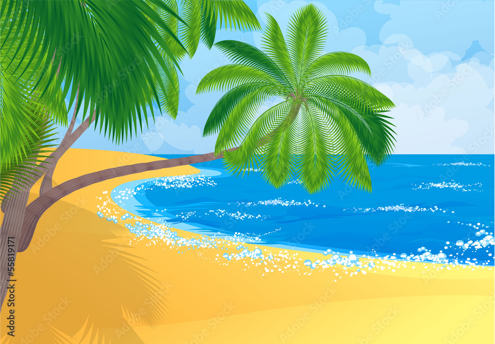 Tropical Beach with coconut palm trees. Vector.