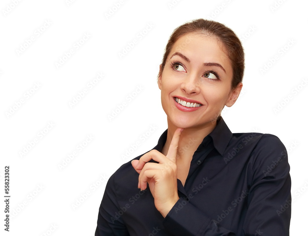 Thinking smiling woman looking on empty copy space isolated on w Thinking smiling woman looking on empty copy space isolated on w