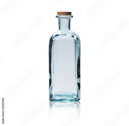 Empty glass bottle with cork stopper isolated on white.
