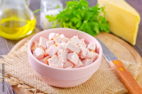 ingredients for salad, chicken and cheese
