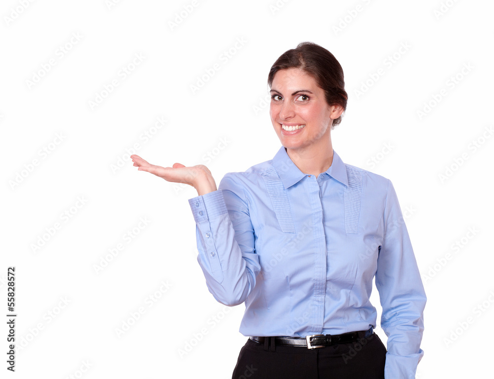 Hispanic woman holding out her palm Hispanic woman holding out her palm