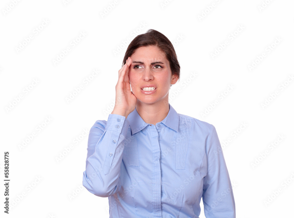 Fatigue hispanic lady standing with headache Fatigue hispanic lady standing with headache