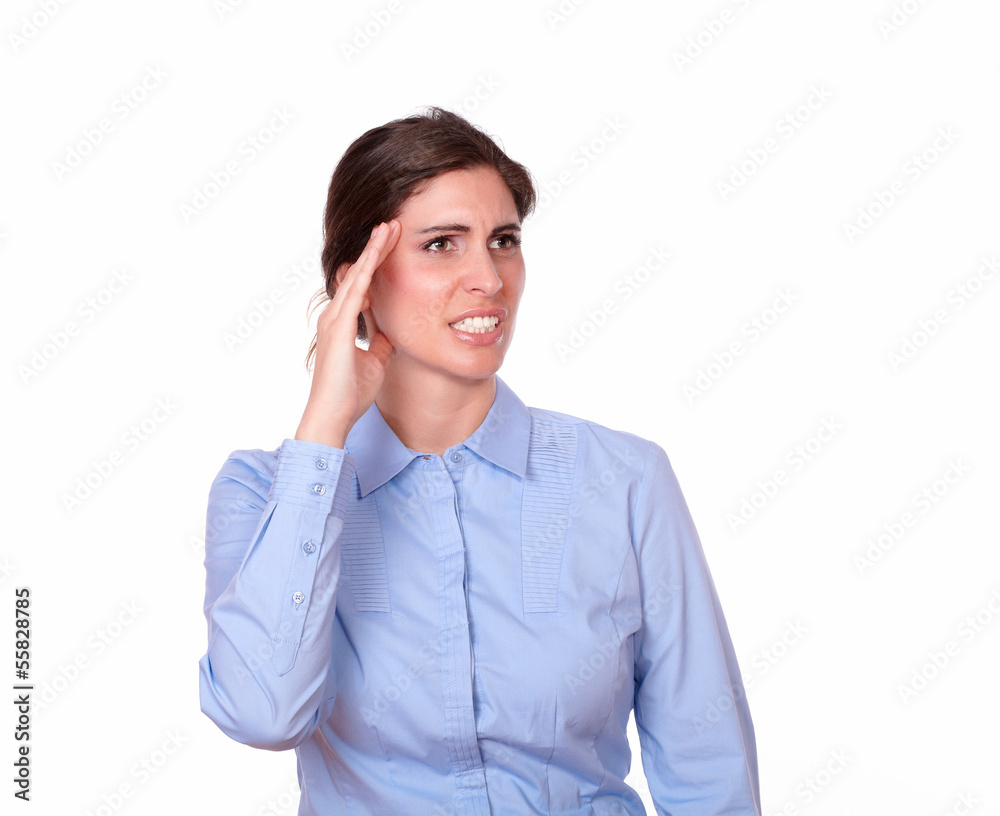 Young gorgeous female standing with headache Young gorgeous female standing with headache