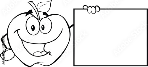 Black And White Apple Cartoon Character Showing A Blank Sign