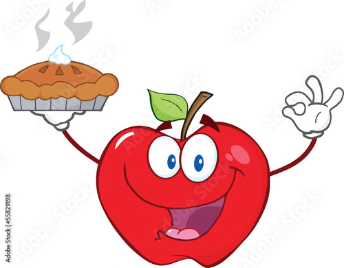 Happy Red Apple Character Holding Up A Pie