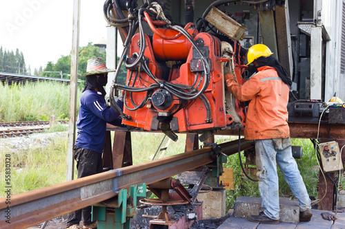 Railway workers were Welding with Flash Butt Welding Machine