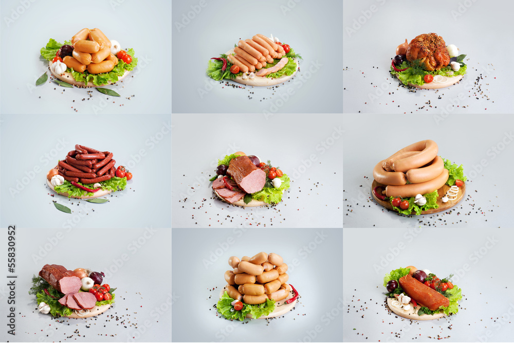 A composition of different sorts of sausages and meat A composition of different sorts of sausages and meat