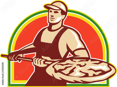 Baker Holding Peel With Pizza Pie Retro