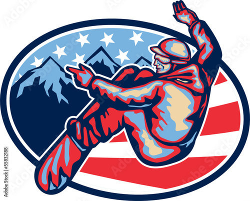 American Snowboarder Jumping Snowboard Retro