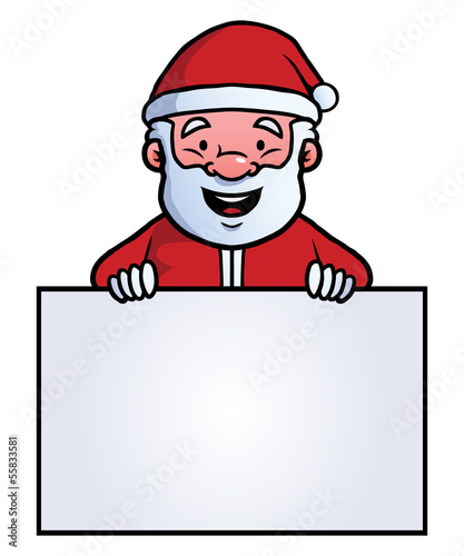Santa Claus holding a blank sign and smiling.