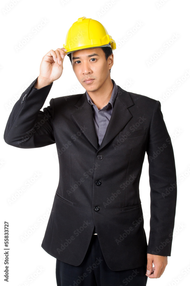 young foreman or engineer with yellow hard hat in suit isolated young foreman or engineer with yellow hard hat in suit isolated