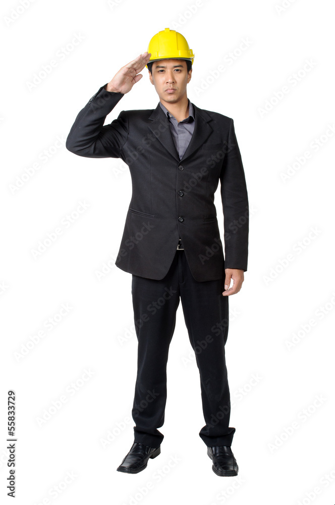 young foreman or engineer with yellow hard hat in suit isolated young foreman or engineer with yellow hard hat in suit isolated