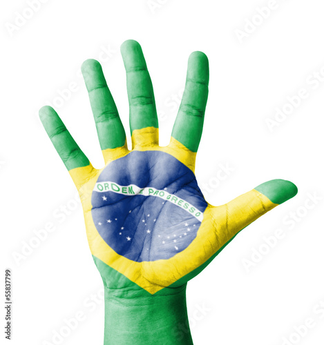 Open hand raised, multi purpose concept, Brazil flag painted