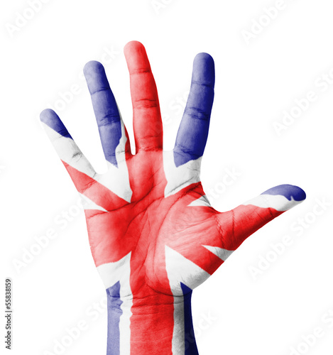 Open hand raised, multi purpose concept, UK flag painted
