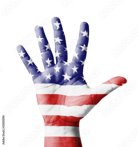 Open hand raised, multi purpose concept, USA flag painted