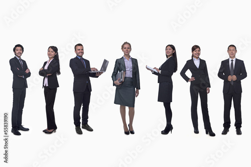 Medium group of business people in a row, portrait, full length, studio shot