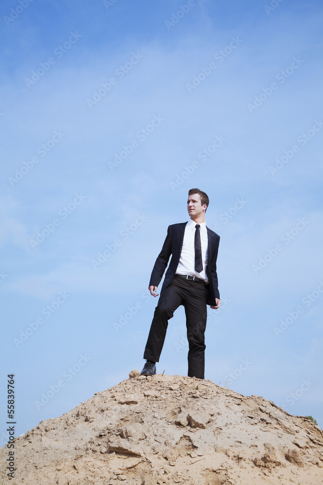 Young solitary businessman standing on a hill in the desert Young solitary businessman standing on a hill in the desert