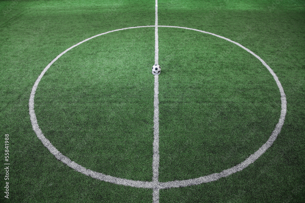 Obraz premium Soccer field with soccer ball on the line, high angle view
