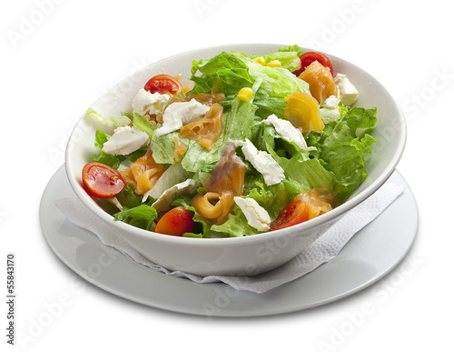 Healthy salad with smoked salmon,cheese,corn,cherry tomato