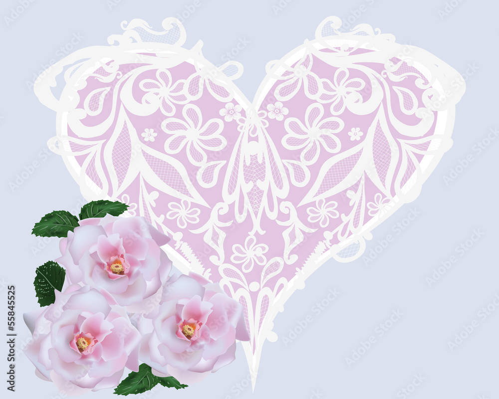 three pink roses an heart symbol