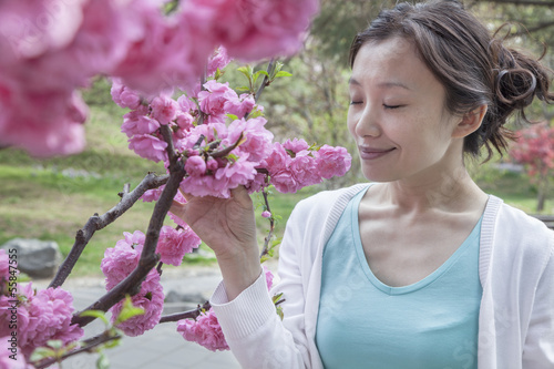 Quadro su tela Woman smelling cherry blossoms with eyes closed.