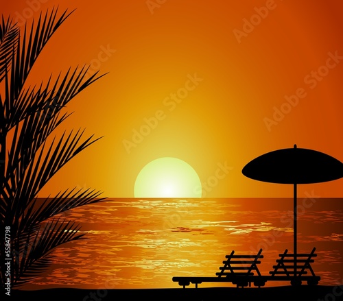 beauty Sunset view in beach with palm tree