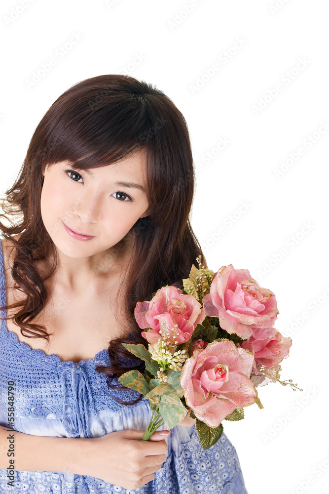 Asian woman holding roses
