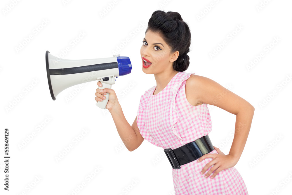 Attractive black hair model using a megaphone Attractive black hair model using a megaphone
