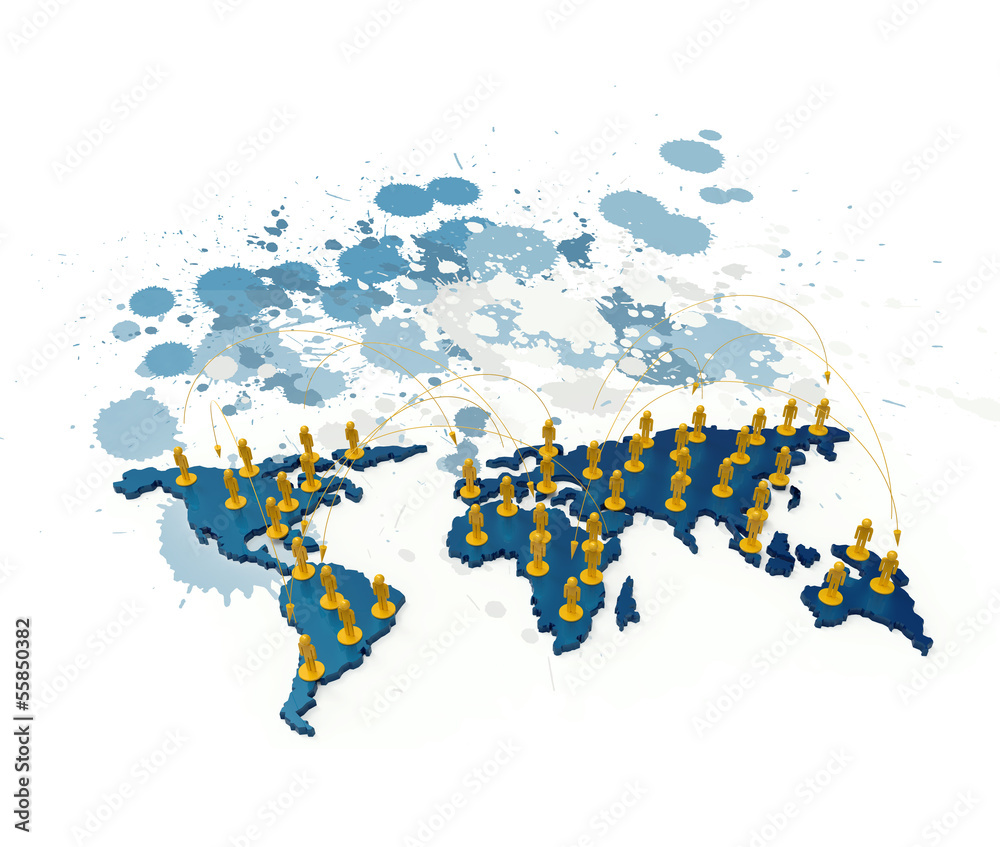 social network human 3d on world map on splash colors background