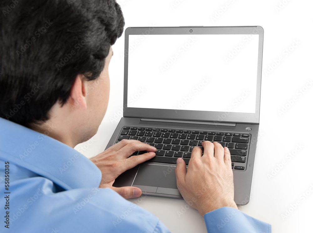 businessman working on his laptop with blank screen businessman working on his laptop with blank screen