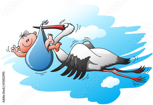 Nice stork flying to deliver a little kid in a blue bag