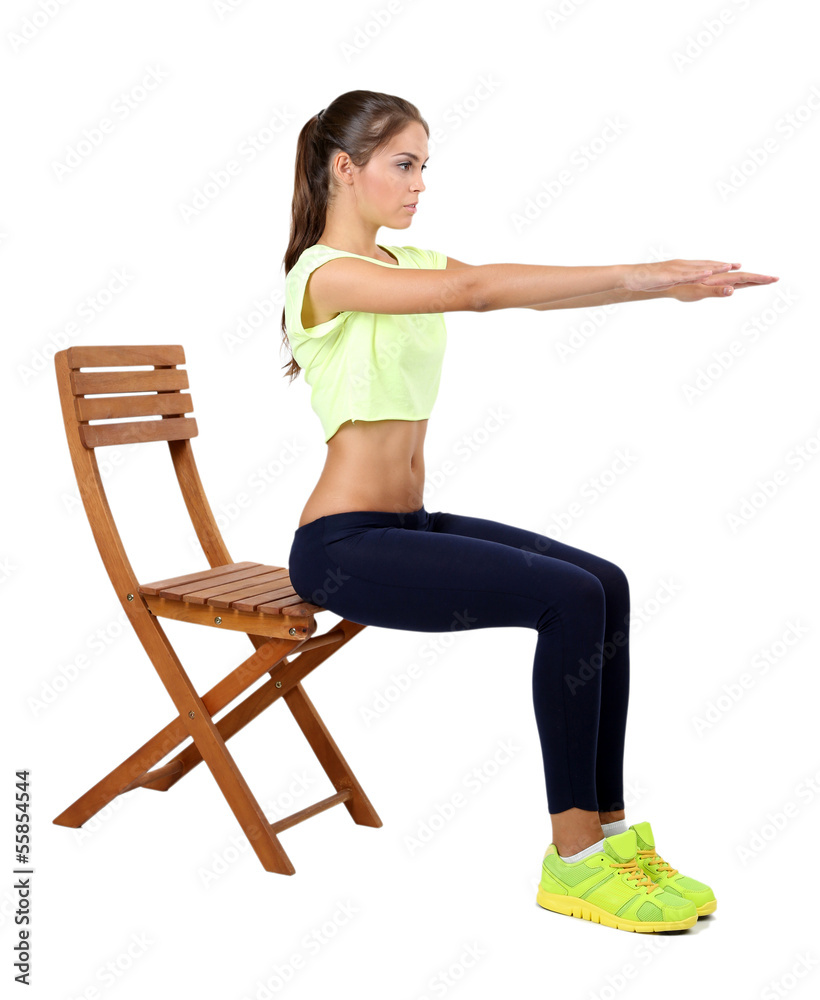 Beautiful young girl doing exercises isolated on white Beautiful young girl doing exercises isolated on white