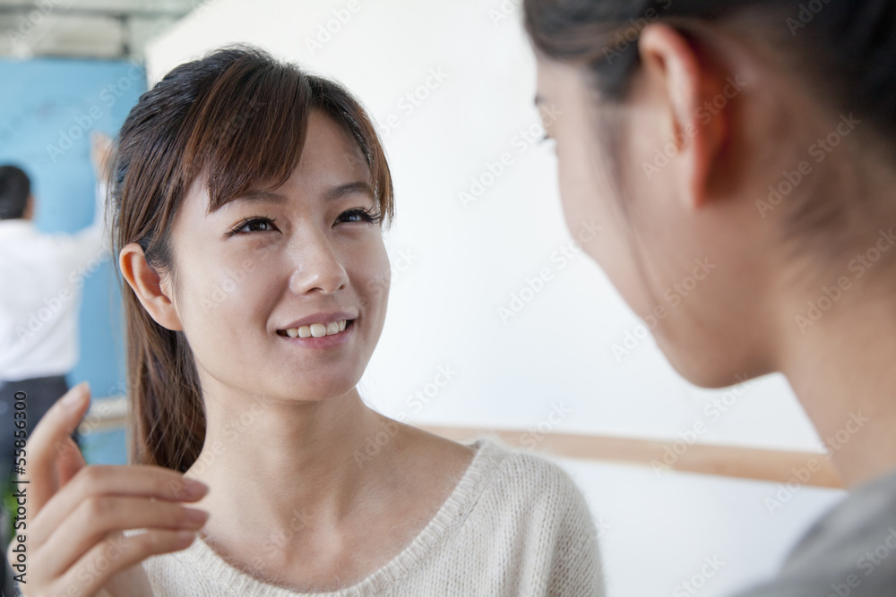 Two businesswomen talking and explaining project in the office