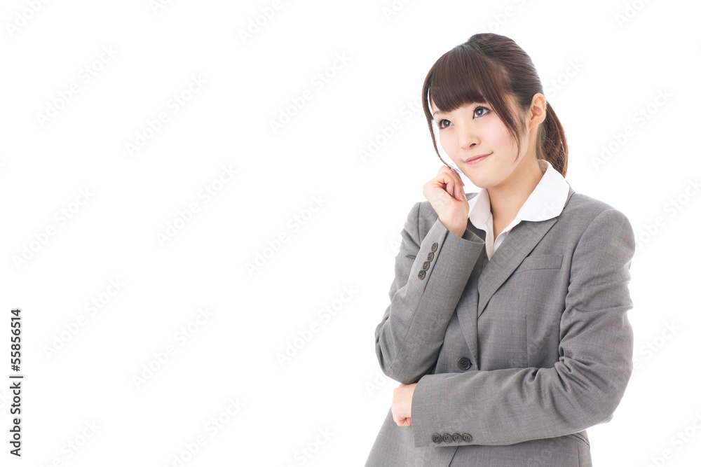 young businesswoman thinking on white background young businesswoman thinking on white background