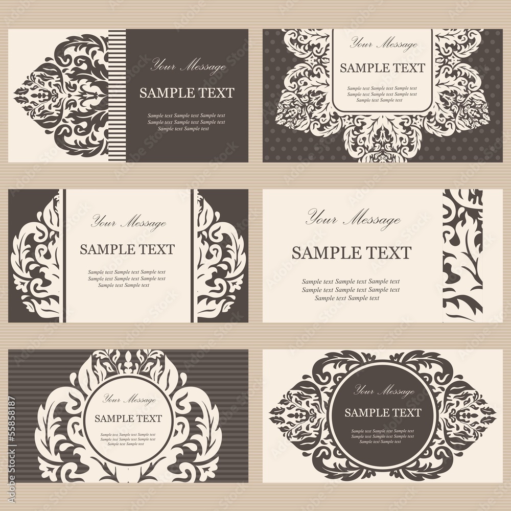 Set of six floral vintage business invitations cards