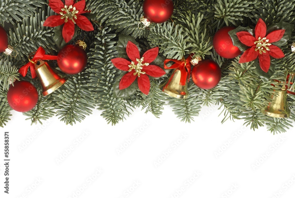 Holiday frame with Christmas tree branches on white background Holiday frame with Christmas tree branches on white background