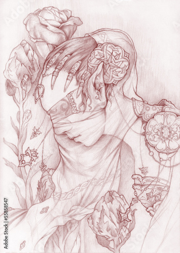 Elf maiden portrait with flowers.