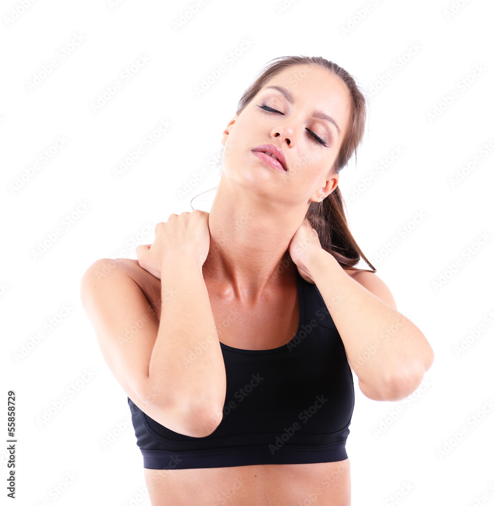 Pain in neck of girl isolated on white Pain in neck of girl isolated on white