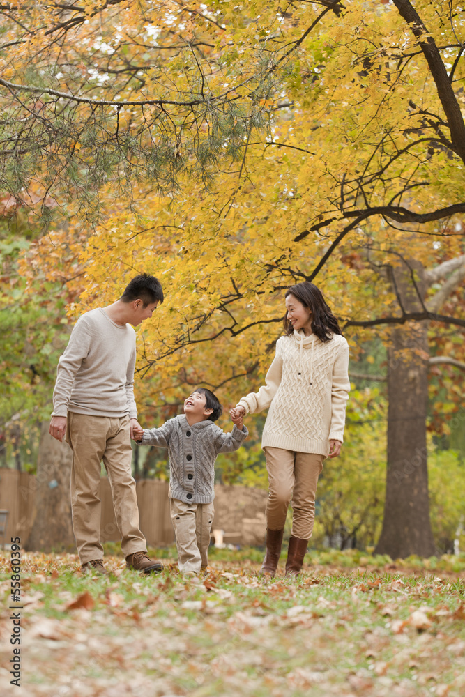Fototapeta premium Family walking through the park in the autumn