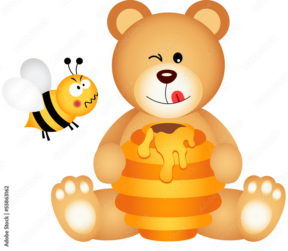 Teddy bear eats honey and bee angry - obrazy, fototapety, plakaty 