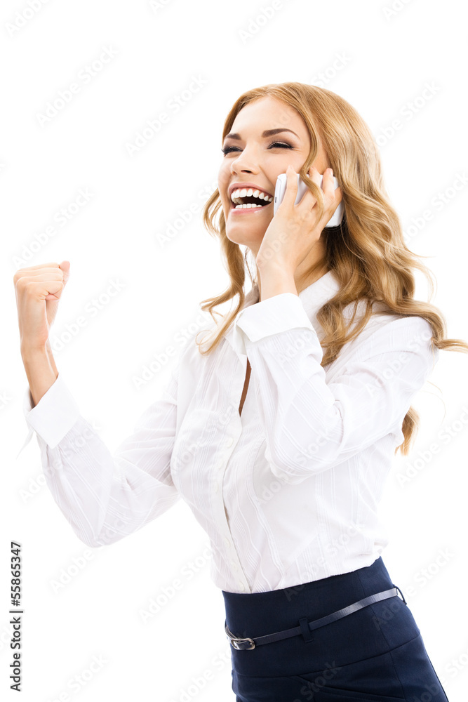 Happy gesturing businesswoman with phone Happy gesturing businesswoman with phone
