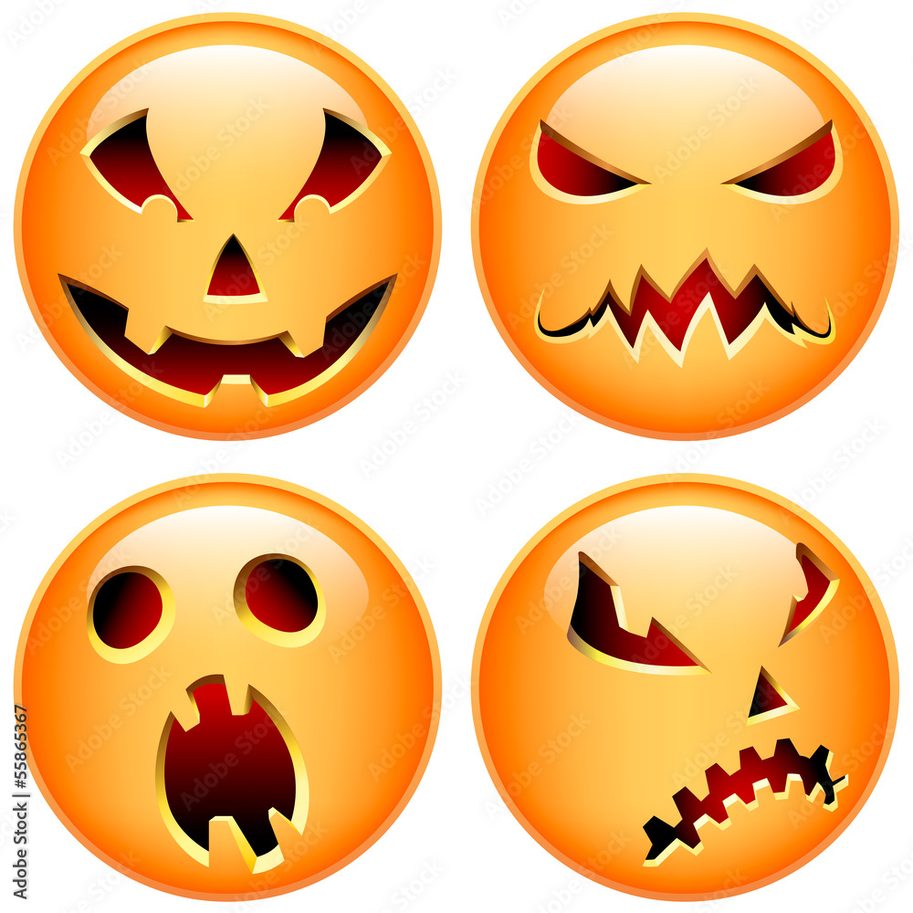 Set of four vector halloween buttons. Happy, scared, evil, smirk Set of four vector halloween buttons. Happy, scared, evil, smirk