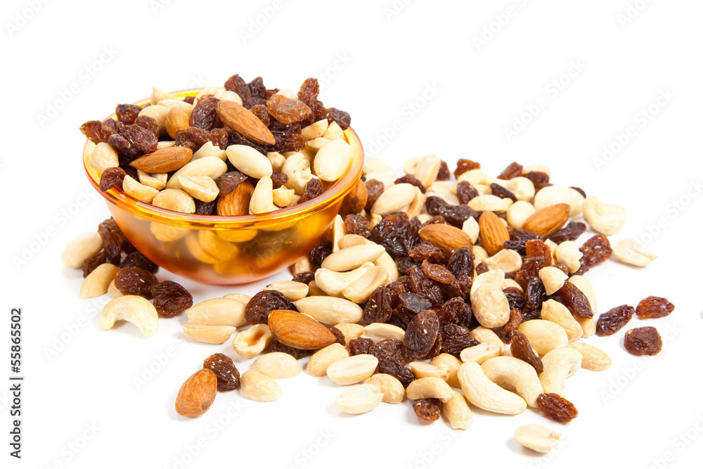 Mix of nuts close up on white. mix nuts isolated on white backg Mix of nuts close up on white. mix nuts isolated on white backg