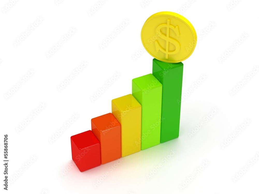 Colored bar graph with dollar coin Colored bar graph with dollar coin