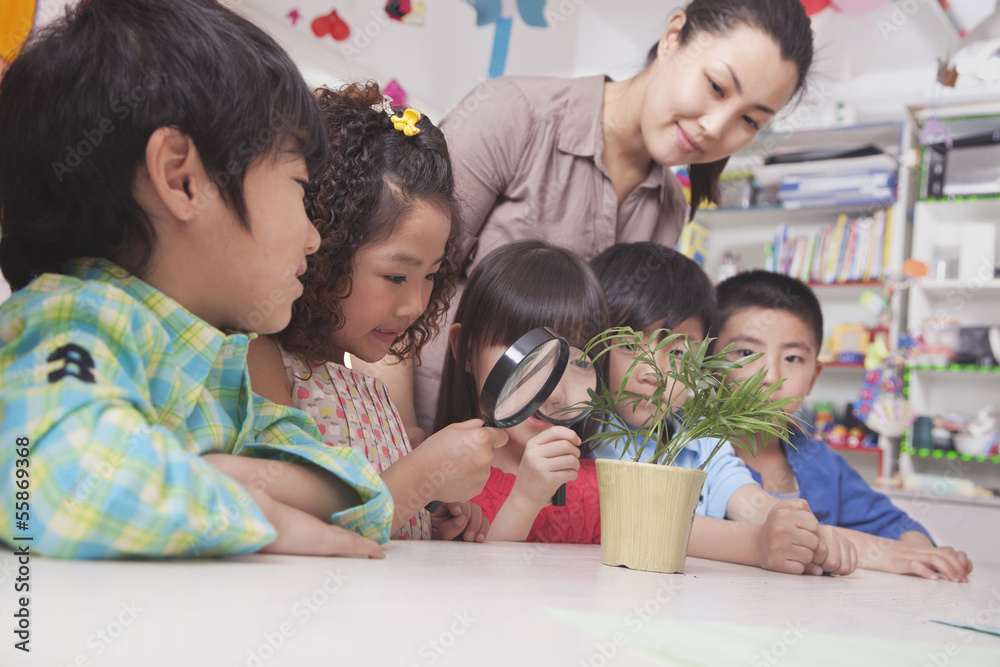 Students Looking at Plant with a Magnifying Glass Students Looking at Plant with a Magnifying Glass