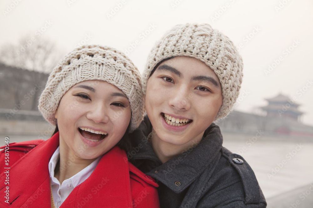 Portrait of young couple outdoors in wintertime, Beijing Portrait of young couple outdoors in wintertime, Beijing
