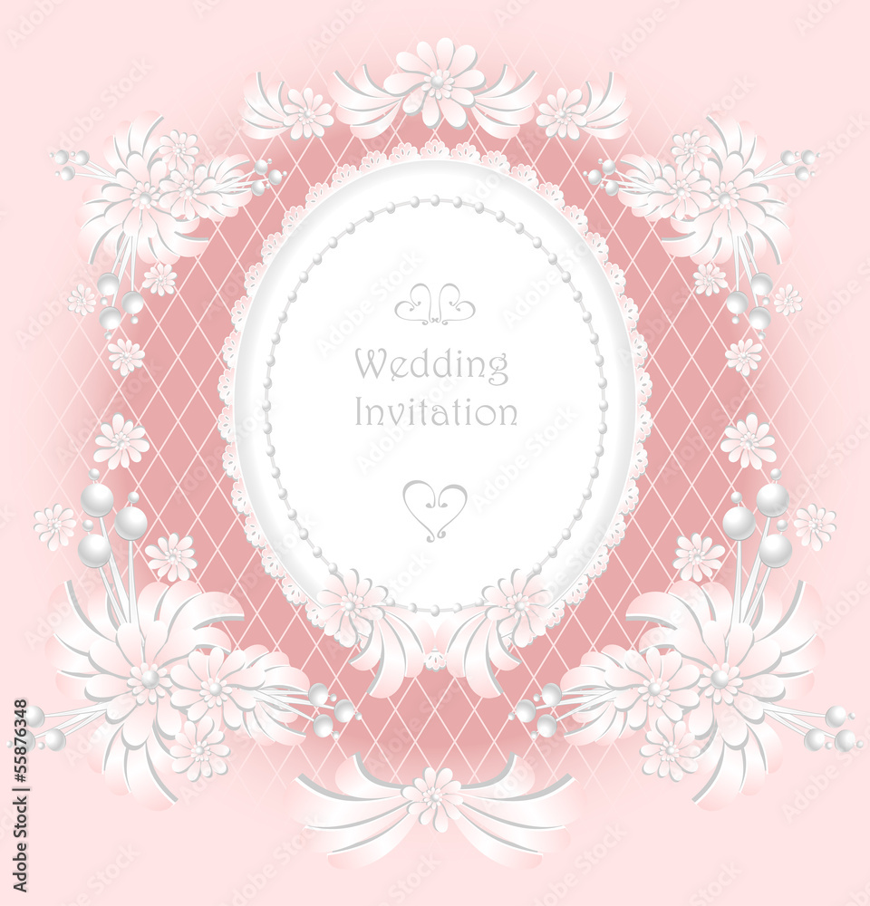Wedding invitation or congratulation with pearls flowers retro