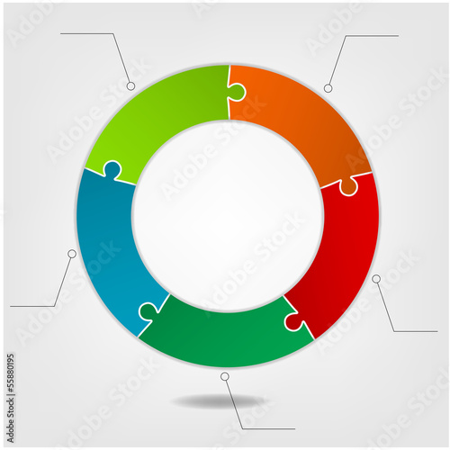 colorful puzzle on circular banners,5 text boxes.