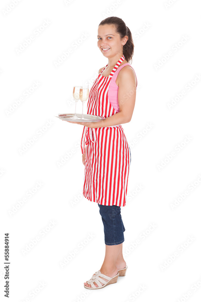 Waitress Carrying A Tray With Champagne Glasses Waitress Carrying A Tray With Champagne Glasses