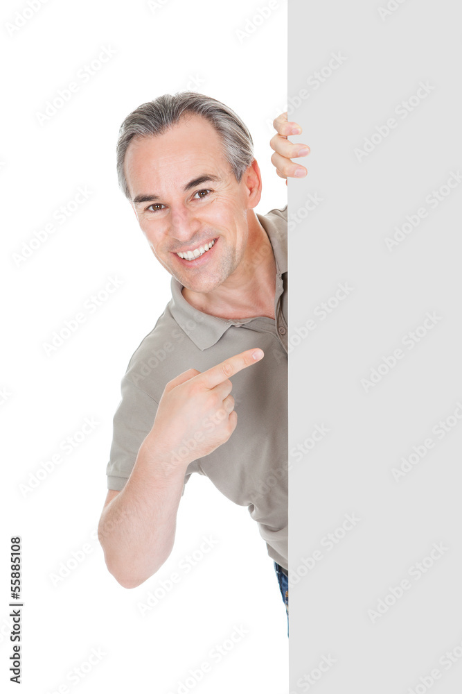 Happy Mature Man Standing Behind Placard Happy Mature Man Standing Behind Placard